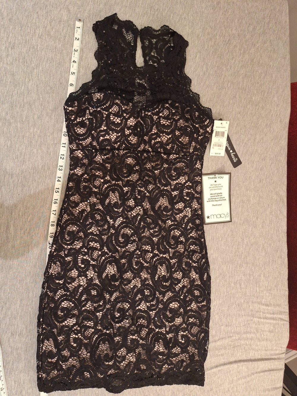 Macy's Black Lace Mini Dress with Nude Underlay